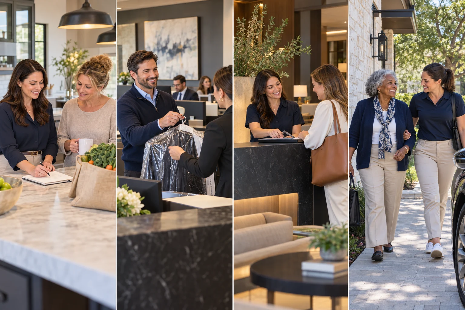 Illustrative personal concierge service scenes at home, in an office, in a residential community, and accompanying a senior