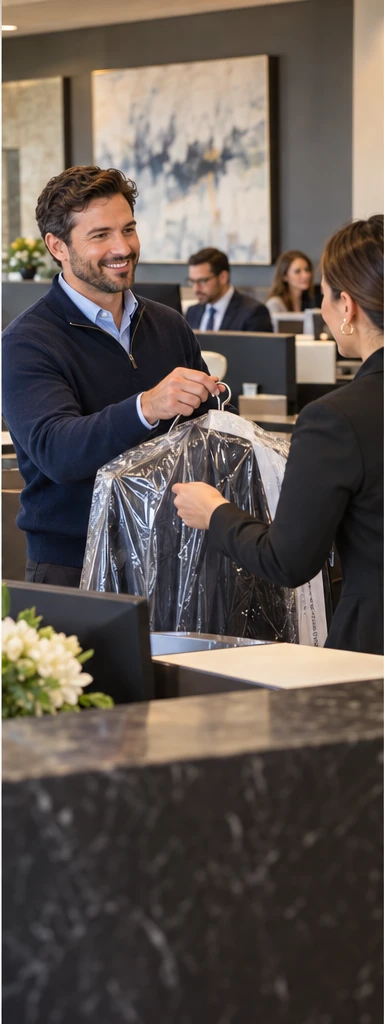 Illustration of a concierge station coordinating dry cleaning in a professional office